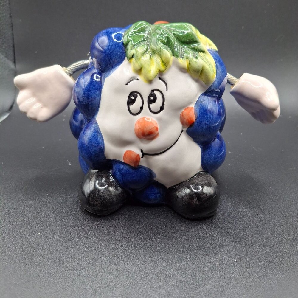Vintage Ceramic Blue Grape-Shaped Coin Bank With Leaf Accent & Flexible Arms